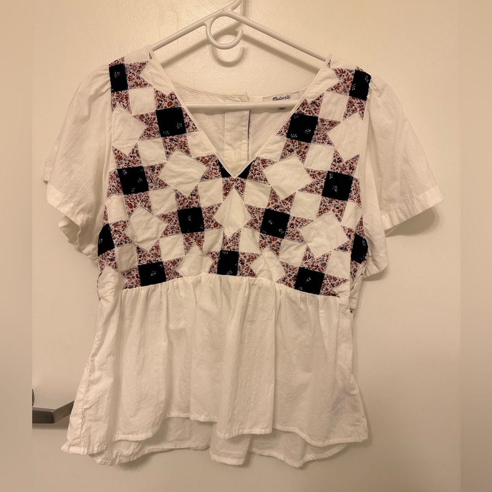 Madewell Flutter-Sleeve Peplum Top in Patchwork Quilt